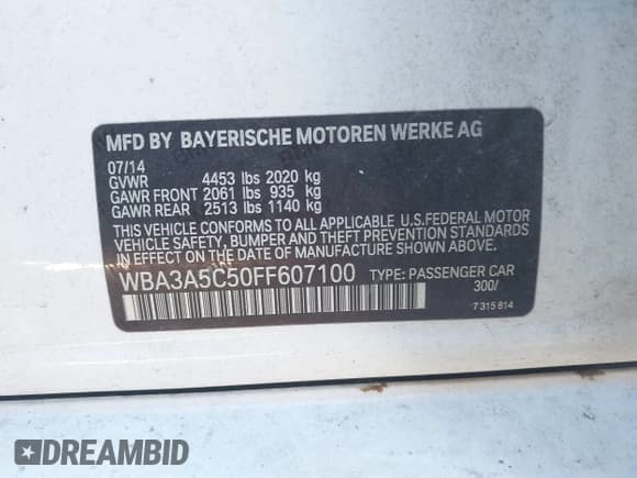 ✅ 2015 BMW 3 Series 328i • VIN: WBA3A5C50FF607100 • Lot: 43360933. Listed on IAAI with 110,190 mi. Free auction sales archive from the USA and detailed vehicle history report at DreamBid. Image 9.