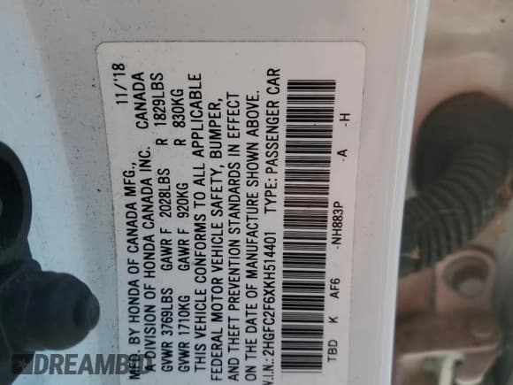 ✅ 2019 Honda Civic LX • VIN: 2HGFC2F6XKH514401 • Lot: 70624255. Listed on Copart with 91,478 mi. Free auction sales archive from the USA and detailed vehicle history report at DreamBid. Image 12.