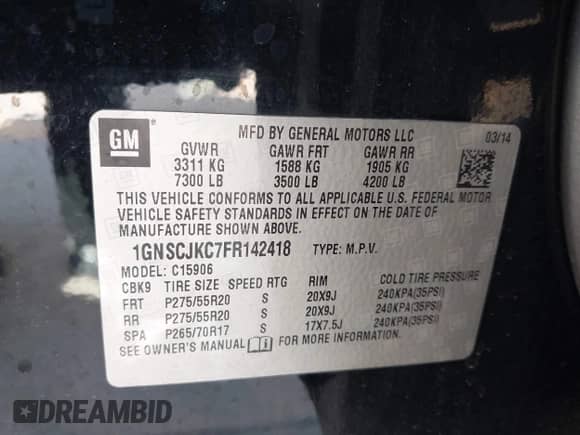 2015 Chevrolet Suburban LT z VIN 1GNSCJKC7FR142418, wystawiony jako IAAI lot #43195354 z przebiegiem 221 278 mil mil oraz . Historia ofert i sprzedaży dostępna na DreamBid. Obrazek 9.