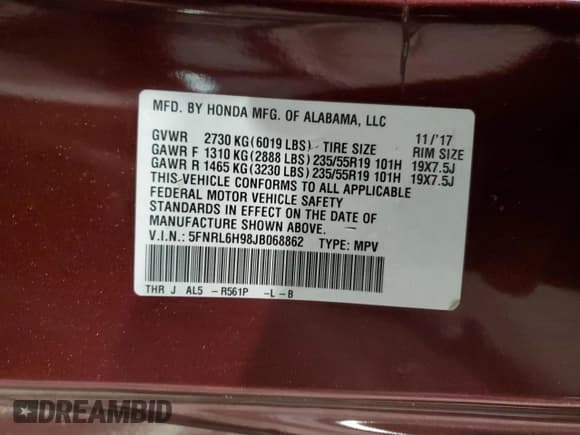 ✅ 2018 Honda Odyssey Elite • VIN: 5FNRL6H98JB068862 • Lot: 82268675. Listed on Copart with 101,436 mi. Free auction sales archive from the USA and detailed vehicle history report at DreamBid. Image 13.