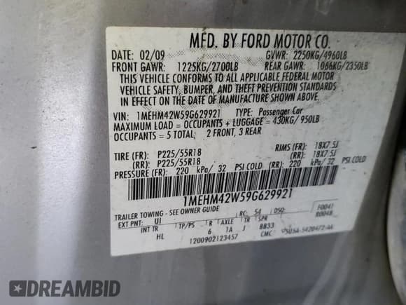 ✅ 2009 Mercury Sable Premier • VIN: 1MEHM42W59G629921 • Лот: 81381405. Опубликован ранее на Copart с пробегом 177 051 миль. Бесплатный доступ к архиву аукционных продаж из США и подробный отчёт об истории автомобиля на DreamBid. Изображение 13.