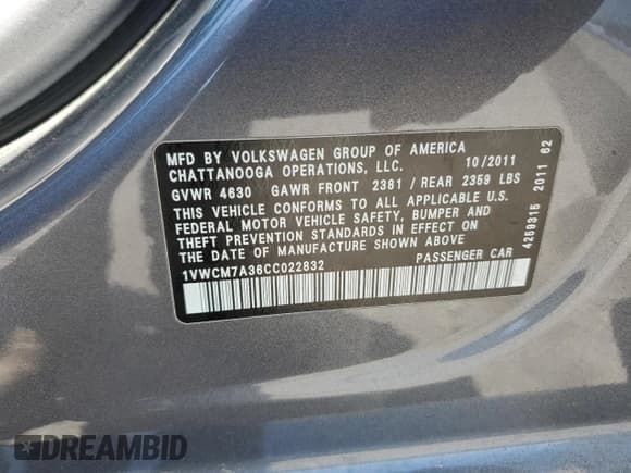 ✅ 2012 Volkswagen Passat SEL Premium • VIN: 1VWCM7A36CC022832 • Lot: 54976095. Listed on Copart with 154,929 mi. Free auction sales archive from the USA and detailed vehicle history report at DreamBid. Image 12.