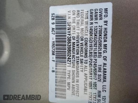 ✅ 2009 Honda Pilot EX-L • VIN: 5FNYF38639B024271 • Lot: 57893315. Listed on Copart with 149,099 mi. Free auction sales archive from the USA and detailed vehicle history report at DreamBid. Image 13.