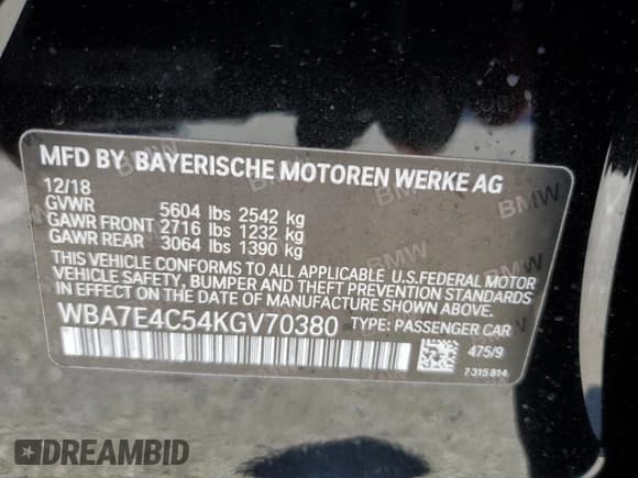 ✅ 2019 BMW 7 Series 740i xDrive • VIN: WBA7E4C54KGV70380 • Lot: 82667765. Listed on Copart with 82,152 mi. Free auction sales archive from the USA and detailed vehicle history report at DreamBid. Image 12.