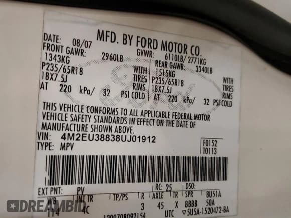 ✅ 2008 Mercury Mountaineer Premier • VIN: 4M2EU38838UJ01912 • Лот: 83711074. Опубликован ранее на Copart с пробегом 136 322 миль. Бесплатный доступ к архиву аукционных продаж из США и подробный отчёт об истории автомобиля на DreamBid. Изображение 15.