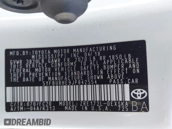 ✅ 2018 Toyota Corolla SE • VIN: 5YFBURHE9JP842554 • Lot: 43774951. Listed on IAAI with 115,441 mi. Free auction sales archive from the USA and detailed vehicle history report at DreamBid. Image 9.