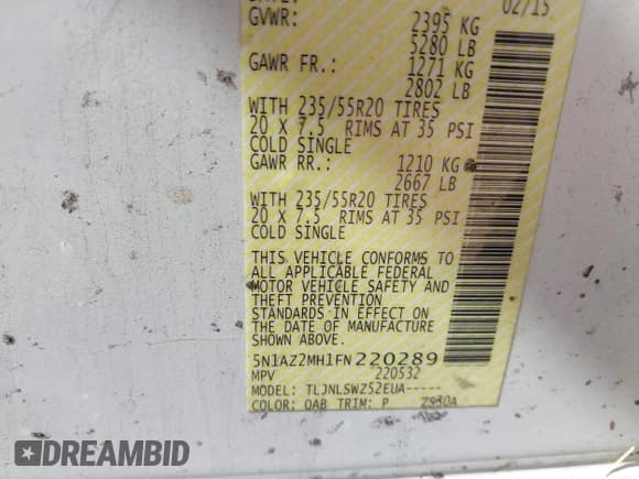 ✅ 2015 Nissan Murano SL • VIN: 5N1AZ2MH1FN220289 • Лот: 43407635. Опубликован ранее на IAAI с пробегом 147 582 миль. Бесплатный доступ к архиву аукционных продаж из США и подробный отчёт об истории автомобиля на DreamBid. Изображение 9.