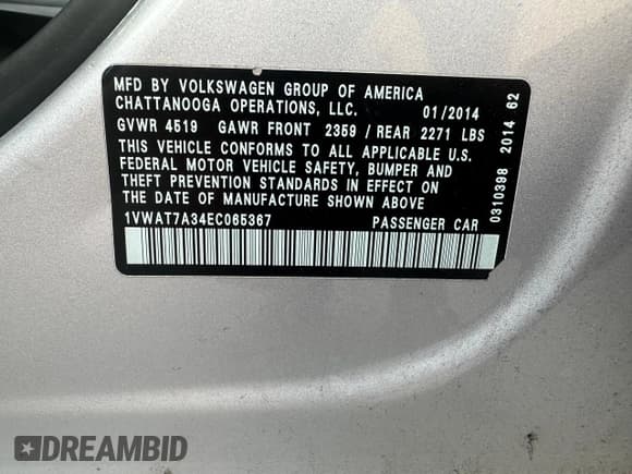 ✅ 2014 Volkswagen Passat Wolfsburg Edition • VIN: 1VWAT7A34EC065367 • Lot: 60574015. Listed on Copart with 85,800 mi. Free auction sales archive from the USA and detailed vehicle history report at DreamBid. Image 10.