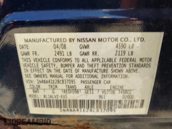 ✅ 2008 Nissan Maxima SE • VIN: 1N4BA41E28C837095 • Lot: 43230387. Listed on IAAI with 108,364 mi. Free auction sales archive from the USA and detailed vehicle history report at DreamBid. Image 9.