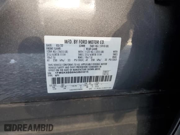 ✅ 2022 Ford Explorer • VIN: 1FMSK8BB8NGB03015 • Lot: 53102585. Listed on Copart with Not provided. Free auction sales archive from the USA and detailed vehicle history report at DreamBid. Image 13.