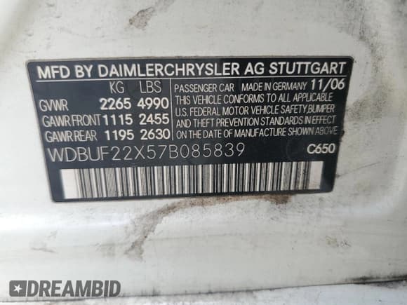 ✅ 2007 Mercedes-Benz E 320 • VIN: WDBUF22X57B085839 • Lot: 62022455. Listed on Copart with 248,691 mi. Free auction sales archive from the USA and detailed vehicle history report at DreamBid. Image 12.