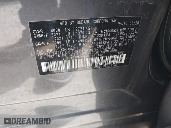 ✅ 2020 Subaru Ascent Limited • VIN: 4S4WMAPD6L3475132 • Lot: 42161897. Listed on IAAI with 73,074 mi. Free auction sales archive from the USA and detailed vehicle history report at DreamBid. Image 9.