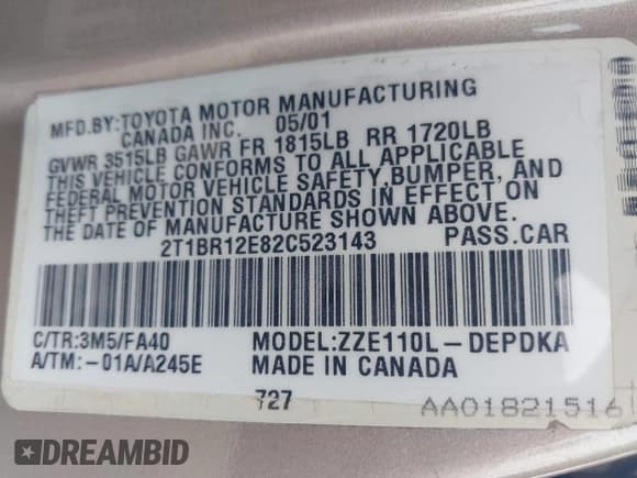 ✅ 2002 Toyota Corolla CE • VIN: 2T1BR12E82C523143 • Lot: 42785081. Wystawiony na IAAI z przebiegiem 192 168 mil. Bezpłatny archiwum sprzedaży aukcyjnych z USA i szczegółowy raport historii pojazdu na DreamBid. Zdjęcie 9.