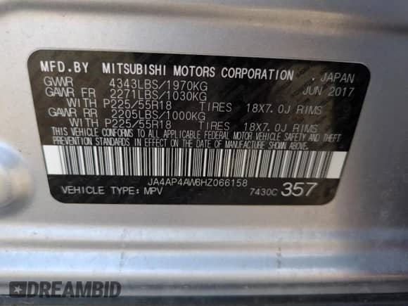 2017 Mitsubishi Outlander SEL с VIN JA4AP4AW6HZ066158, выставлен на аукционе Copart как лот 65899395 с пробегом 56 353 миль миль и Списание • Salvage title. История ставок и продаж доступна на DreamBid. Изображение 12.