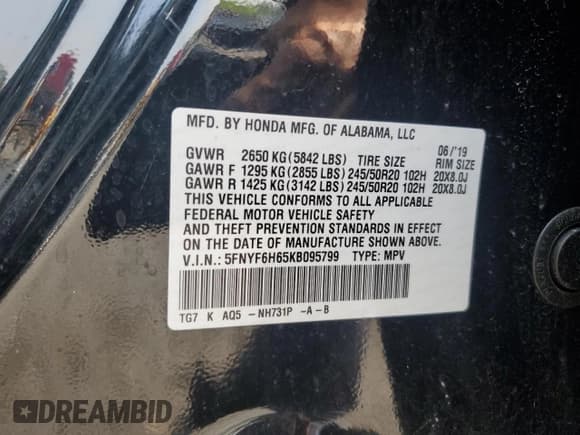 ✅ 2019 Honda Pilot Touring 7-Passenger • VIN: 5FNYF6H65KB095799 • Lot: 60322525. Listed on Copart with 143,987 mi. Free auction sales archive from the USA and detailed vehicle history report at DreamBid. Image 14.