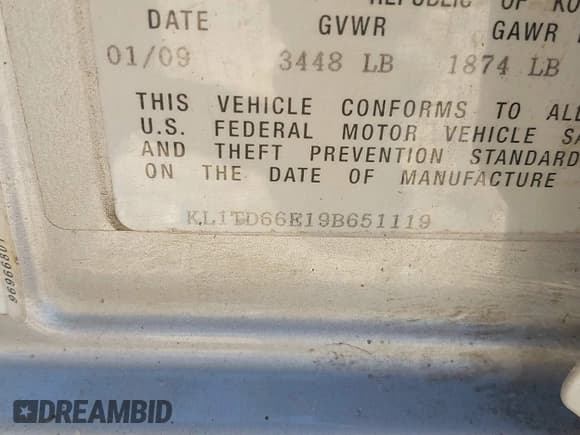 ✅ 2009 Chevrolet Aveo 1LT • VIN: KL1TD66E19B651119 • Lot: 41648261. Wystawiony na IAAI z przebiegiem 132 456 mil. Bezpłatny archiwum sprzedaży aukcyjnych z USA i szczegółowy raport historii pojazdu na DreamBid. Zdjęcie 9.