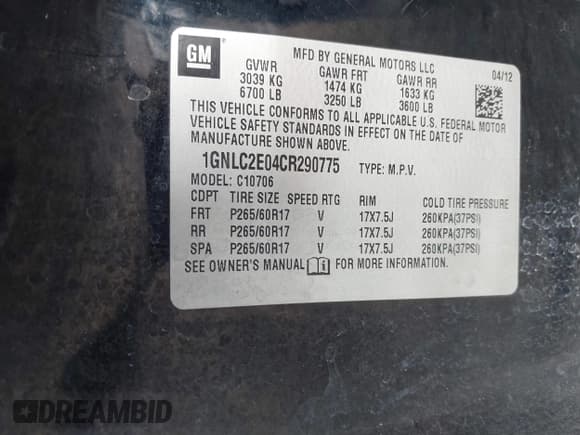 ✅ 2012 Chevrolet Tahoe Commercial • VIN: 1GNLC2E04CR290775 • Lot: 41028027. Listed on IAAI with 103,762 mi. Free auction sales archive from the USA and detailed vehicle history report at DreamBid. Image 9.