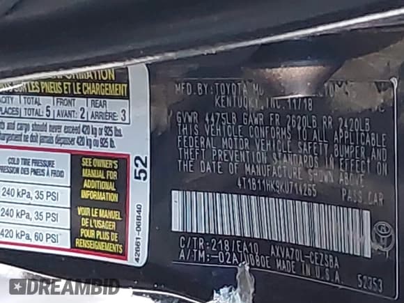 ✅ 2019 Toyota Camry SE • VIN: 4T1B11HK9KU714265 • Lot: 43373597. Listed on IAAI with 131,944 mi. Free auction sales archive from the USA and detailed vehicle history report at DreamBid. Image 9.