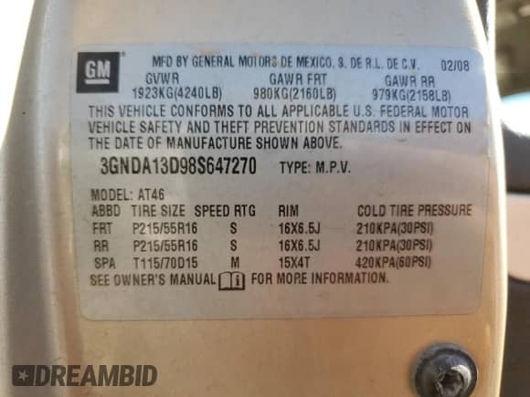 2008 Chevrolet HHR LS z VIN 3GNDA13D98S647270, wystawiony jako Copart lot #80776884 z przebiegiem 168 309 mil mil oraz Szkoda całkowita • Salvage title. Historia ofert i sprzedaży dostępna na DreamBid. Obrazek 14.