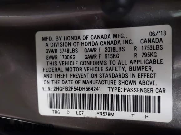 ✅ 2013 Honda Civic LX • VIN: 2HGFB2F54DH564241 • Лот: 43329655. Опубликован ранее на IAAI с пробегом 166 987 миль. Бесплатный доступ к архиву аукционных продаж из США и подробный отчёт об истории автомобиля на DreamBid. Изображение 9.