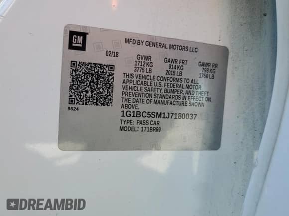 2018 Chevrolet Cruze LS z VIN 1G1BC5SM1J7180037, wystawiony jako Copart lot #71641325 z przebiegiem 143 272 mil mil oraz Szkoda całkowita • Salvage title. Historia ofert i sprzedaży dostępna na DreamBid. Obrazek 12.