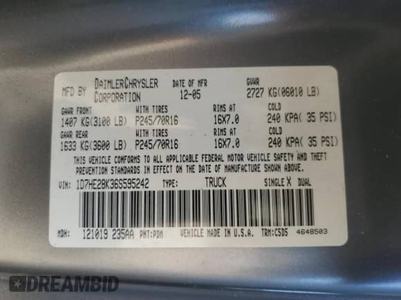2006 Dodge Dakota ST z VIN 1D7HE28K36S595242, wystawiony jako Copart lot #51348695 z przebiegiem 110 602 mil mil oraz Szkoda całkowita • Salvage title. Historia ofert i sprzedaży dostępna na DreamBid. Obrazek 14.