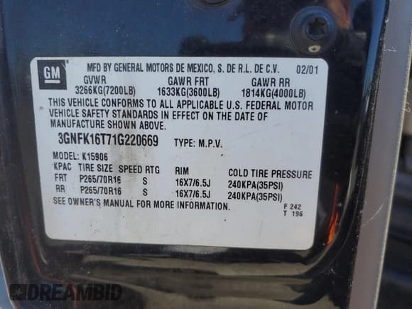 ✅ 2001 Chevrolet Suburban LT • VIN: 3GNFK16T71G220669 • Лот: 55098935. Опубликован ранее на Copart с пробегом Не указан. Бесплатный доступ к архиву аукционных продаж из США и подробный отчёт об истории автомобиля на DreamBid. Изображение 12.