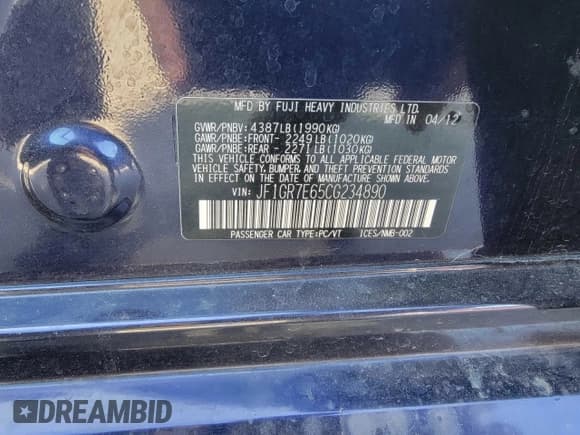 ✅ 2012 Subaru WRX WRX Premium • VIN: JF1GR7E65CG234890 • Лот: 83913795. Опубликован ранее на Copart с пробегом 148 279 миль. Бесплатный доступ к архиву аукционных продаж из США и подробный отчёт об истории автомобиля на DreamBid. Изображение 10.