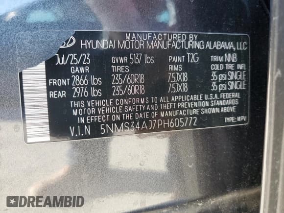 ✅ 2023 Hyundai Santa Fe SEL • VIN: 5NMS34AJ7PH605772 • Lot: 89503325. Wystawiony na Copart z przebiegiem 37 895 mil. Bezpłatny archiwum sprzedaży aukcyjnych z USA i szczegółowy raport historii pojazdu na DreamBid. Zdjęcie 13.