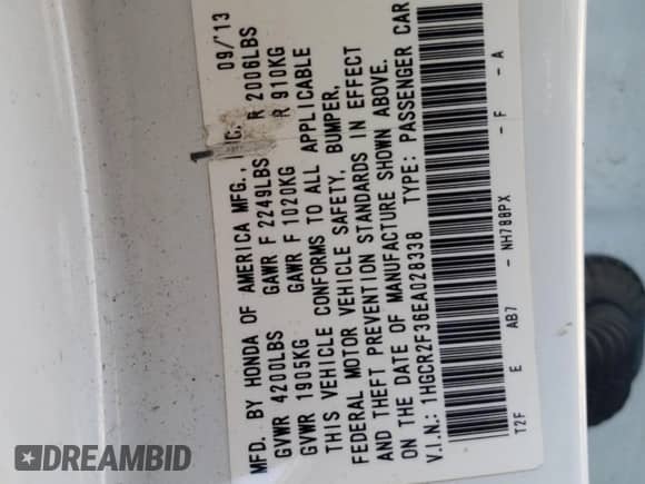 2014 Honda Accord LX with VIN 1HGCR2F36EA028338, listed as a Copart auction lot 85107655 with 126,241 mi miles and Salvage title. Bid and sale history available at DreamBid. Image 13.