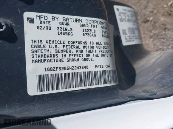 1998 Saturn SL z VIN 1G8ZF5285WZ243548, wystawiony jako IAAI lot #41659710 z przebiegiem 109 099 mil mil oraz . Historia ofert i sprzedaży dostępna na DreamBid. Obrazek 9.