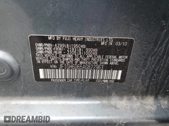 ✅ 2010 Subaru Impreza Outback Special Sports • VIN: JF1GH6D65AG822963 • Lot: 60261015. Listed on Copart with 179,329 mi. Free auction sales archive from the USA and detailed vehicle history report at DreamBid. Image 12.