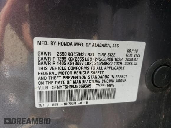 ✅ 2018 Honda Pilot Touring • VIN: 5FNYF6H99JB069585 • Lot: 64240475. Listed on Copart with 141,975 mi. Free auction sales archive from the USA and detailed vehicle history report at DreamBid. Image 13.