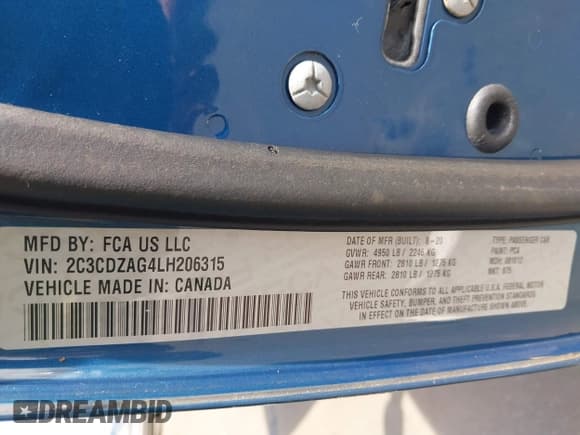 ✅ 2020 Dodge Challenger SXT • VIN: 2C3CDZAG4LH206315 • Lot: 43418268. Listed on IAAI with 106,135 mi. Free auction sales archive from the USA and detailed vehicle history report at DreamBid. Image 9.