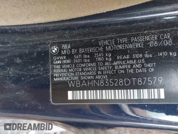 ✅ 2008 BMW 7 Series 750Li • VIN: WBAHN83528DT87579 • Lot: 43786646. Listed on IAAI with Not provided. Free auction sales archive from the USA and detailed vehicle history report at DreamBid. Image 9.