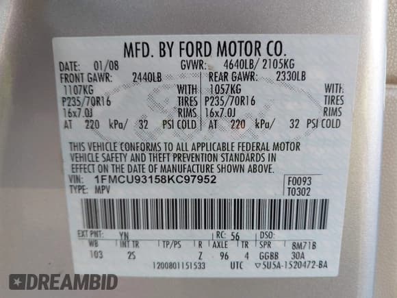 ✅ 2008 Ford Escape XLT • VIN: 1FMCU93158KC97952 • Lot: 43873484. Listed on IAAI with 221,676 mi. Free auction sales archive from the USA and detailed vehicle history report at DreamBid. Image 9.