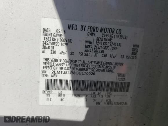 ✅ 2016 Lincoln MKX Reserve • VIN: 2LMTJ8LR8GBL70026 • Lot: 84256165. Listed on Copart with 153,850 mi. Free auction sales archive from the USA and detailed vehicle history report at DreamBid. Image 13.