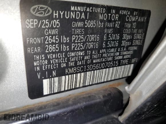 ✅ 2006 Hyundai Santa Fe GLS • VIN: KM8SC13D56U070515 • Lot: 69793365. Listed on Copart with 187,516 mi. Free auction sales archive from the USA and detailed vehicle history report at DreamBid. Image 14.