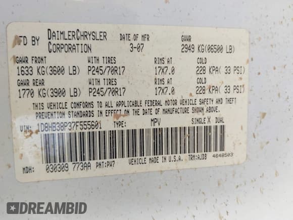 ✅ 2007 Dodge Durango SXT • VIN: 1D8HB38P37F555601 • Lot: 41504594. Listed on IAAI with 95,894 mi. Free auction sales archive from the USA and detailed vehicle history report at DreamBid. Image 9.