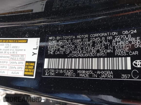 ✅ 2024 Toyota Prius LE • VIN: JTDADABU6R3018951 • Lot: 42213954. Listed on IAAI with 3,353 mi. Free auction sales archive from the USA and detailed vehicle history report at DreamBid. Image 9.