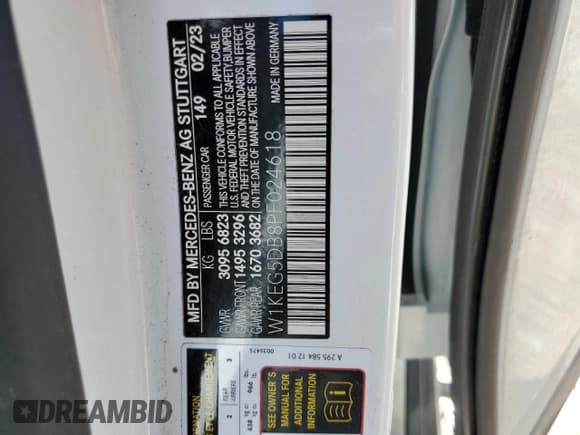 ✅ 2023 Mercedes-Benz EQE AMG • VIN: W1KEG5DB8PF024618 • Lot: 60794134. Listed on Copart with Not provided. Free auction sales archive from the USA and detailed vehicle history report at DreamBid. Image 13.