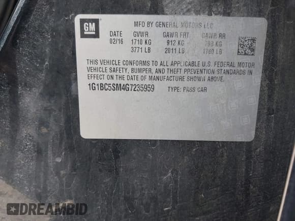 ✅ 2016 Chevrolet Cruze LS • VIN: 1G1BC5SM4G7235959 • Lot: 43581317. Listed on IAAI with 107,436 mi. Free auction sales archive from the USA and detailed vehicle history report at DreamBid. Image 9.