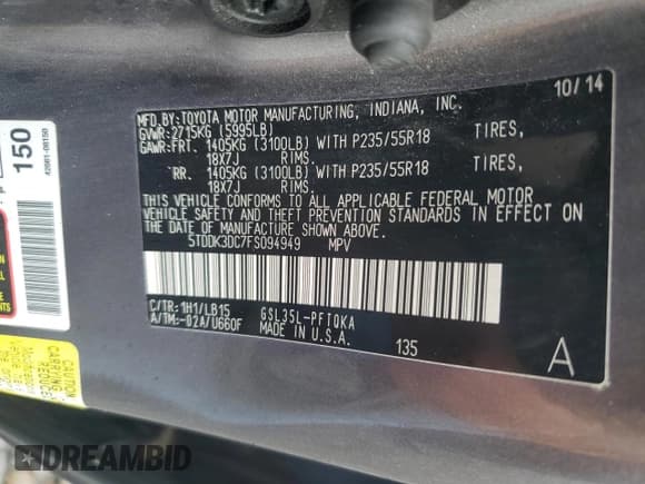 ✅ 2015 Toyota Sienna Limited • VIN: 5TDDK3DC7FS094949 • Lot: 57659845. Listed on Copart with 112,949 mi. Free auction sales archive from the USA and detailed vehicle history report at DreamBid. Image 13.