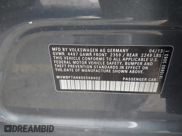 ✅ 2013 Volkswagen CC R-Line • VIN: WVWBP7AN8DE568402 • Lot: 43354091. Listed on IAAI with 133,651 mi. Free auction sales archive from the USA and detailed vehicle history report at DreamBid. Image 9.