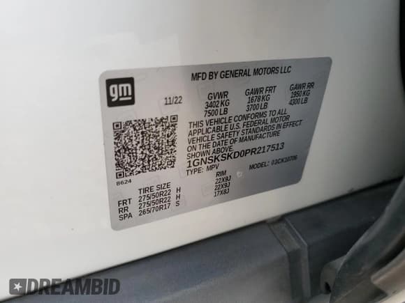 ✅ 2023 Chevrolet Tahoe Premier • VIN: 1GNSKSKD0PR217513 • Лот: 54702845. Опубликован ранее на Copart с пробегом 55 424 миль. Бесплатный доступ к архиву аукционных продаж из США и подробный отчёт об истории автомобиля на DreamBid. Изображение 14.