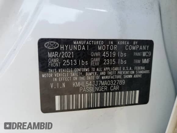 2021 Hyundai Sonata Limited z VIN KMHL54JJ7MA032789, wystawiony jako Copart lot #66153032 z przebiegiem 37 092 mil mil oraz . Historia ofert i sprzedaży dostępna na DreamBid. Obrazek 10.