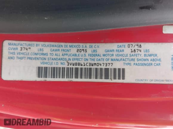 ✅ 1998 Volkswagen Beetle • VIN: 3VWBB61C3WM047377 • Лот: 42275414. Опубликован ранее на IAAI с пробегом 160 906 миль. Бесплатный доступ к архиву аукционных продаж из США и подробный отчёт об истории автомобиля на DreamBid. Изображение 9.