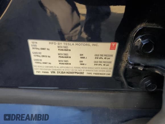 ✅ 2014 Tesla Model S P85D • VIN: 5YJSA1H28EFP64382 • Lot: 80078675. Listed on Copart with 100,188 mi. Free auction sales archive from the USA and detailed vehicle history report at DreamBid. Image 13.