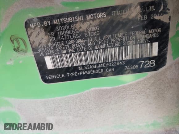 ✅ 2014 Mitsubishi Mirage DE • VIN: ML32A3HJ4EH022843 • Lot: 43416215. Listed on IAAI with 154,326 mi. Free auction sales archive from the USA and detailed vehicle history report at DreamBid. Image 9.