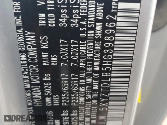 ✅ 2017 Hyundai Santa Fe 2.4L • VIN: 5XYZTDLB5HG398962 • Лот: 70651045. Опубликован ранее на Copart с пробегом 115 340 миль. Бесплатный доступ к архиву аукционных продаж из США и подробный отчёт об истории автомобиля на DreamBid. Изображение 13.